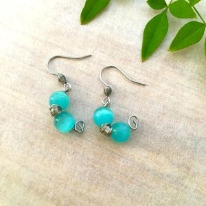 Aqua Blue Glass Ducky Bird Beaded Dangle Earrings